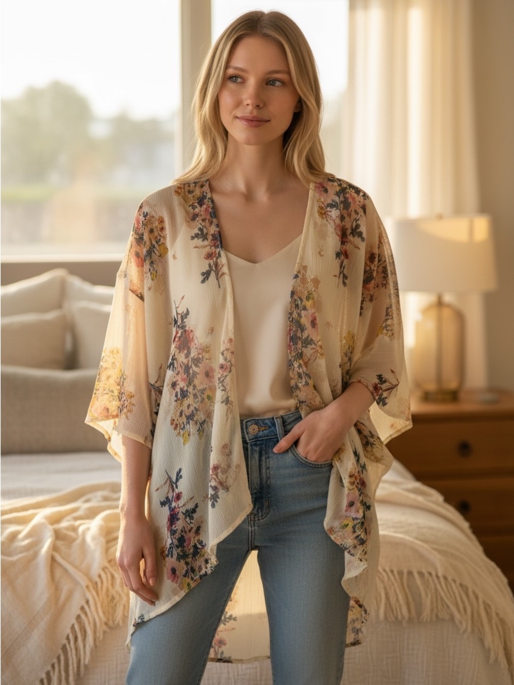 Floral Sheer Kimono Cardigan in Cream